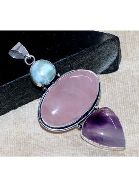 Rose Quartz, Chevron Amethyst, Larimar 925 Sterling Silver Pendant Necklace